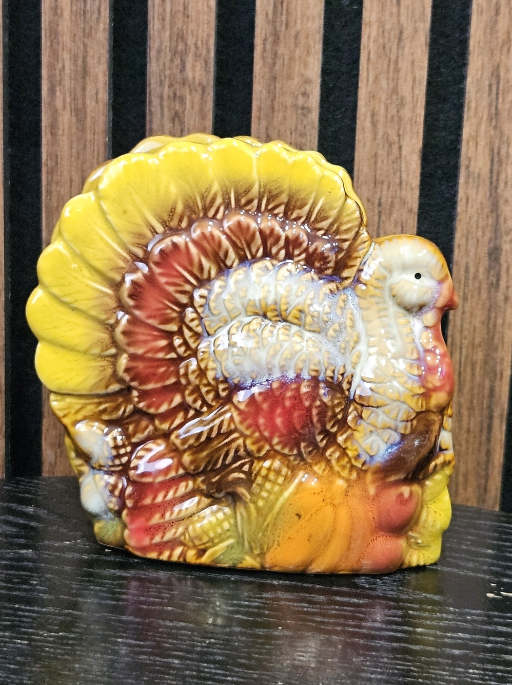 Vintage Ceramic Glazed Turkey Napkin Holder Thanksgiving Decor in Yellow & Brown
